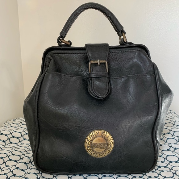 Perry Ellis Handbags - Vintage Perry Ellis Black Leather Satchel